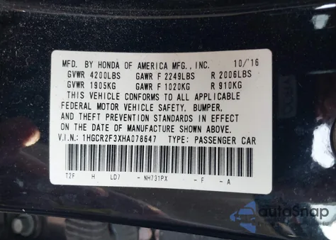 2017 Honda Accord Lx z USA, uszkodzony, nr VIN 1HGCR2F3XHA078647